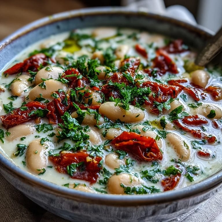 Spoon lifting a velvety White Bean Soup With Tomato, steam rising, served with crusty bread on the side.