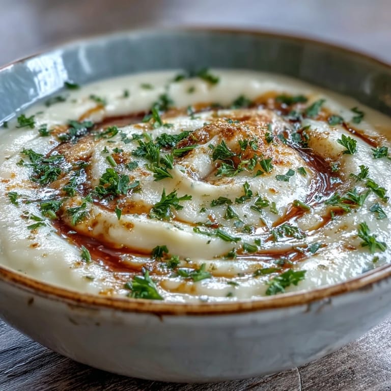 Ladle of smooth White Bean and Parmesan Soup beside crusty bread and a small cheese garnish.