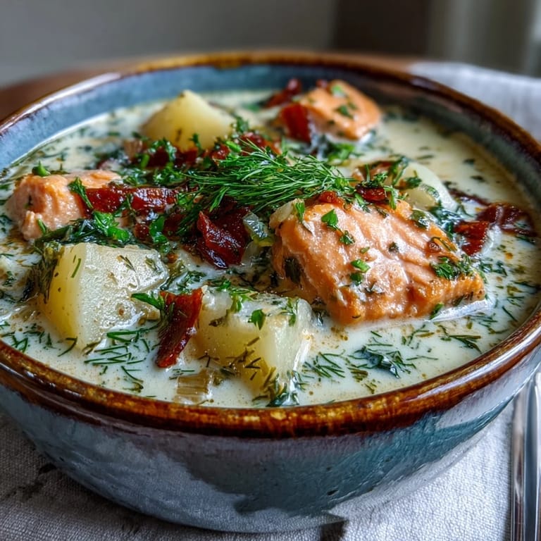 A hearty bowl of Finnish Salmon Soup garnished with fresh dill, served alongside rye bread.