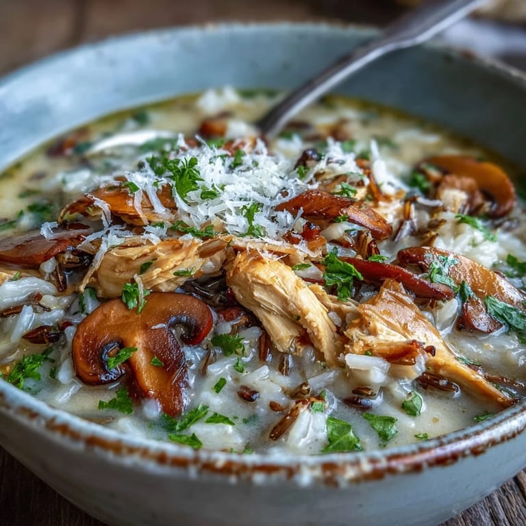A ladle pours rich Parmesan Mushroom Chicken and Wild Rice Soup into a white ceramic bowl.