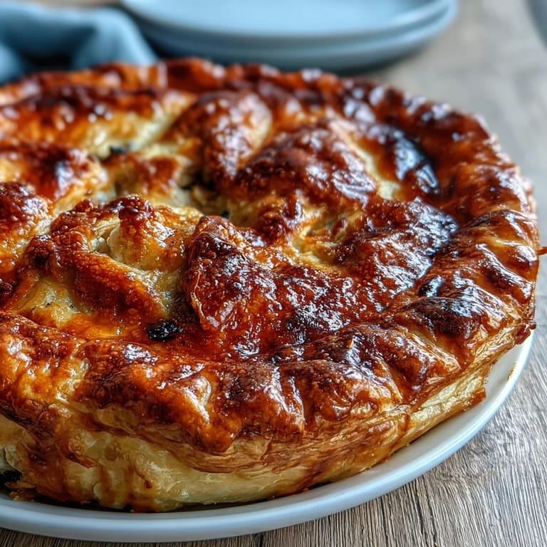Fresh thyme garnishes the baked Chicken and Leek Pie, revealing tender leeks and smoky bacon inside.