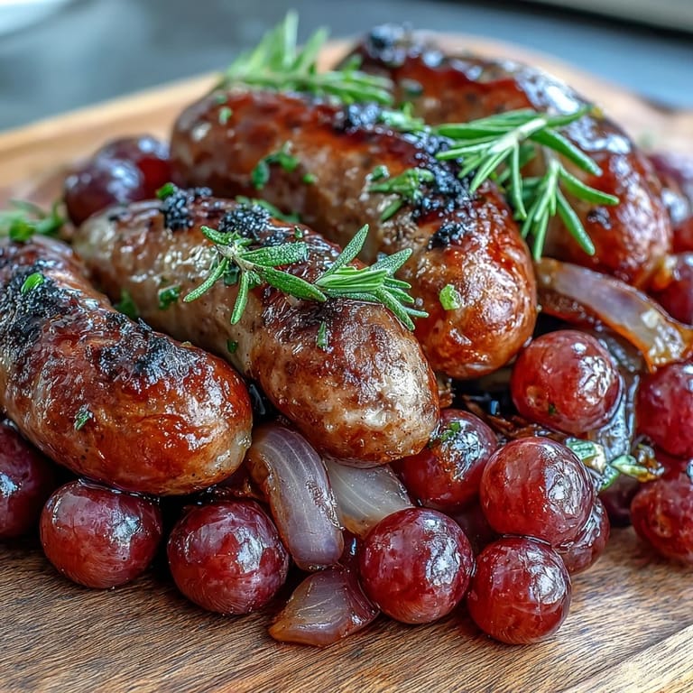Roasted Sausage and Grapes are served with crispy polenta and fresh rosemary for a hearty family meal.