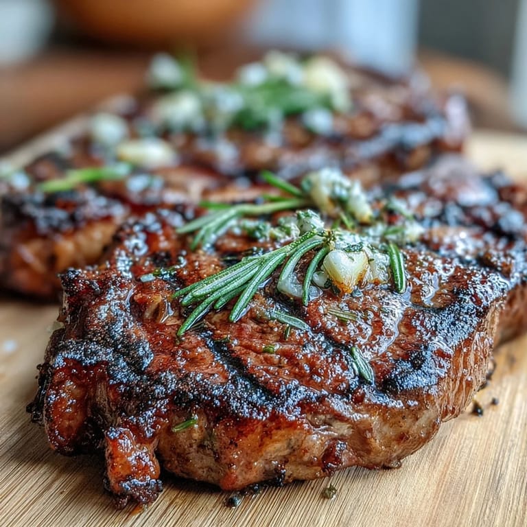 Fresh rosemary and smashed garlic infuse smoky aromas into the seared bone-in rib eye.