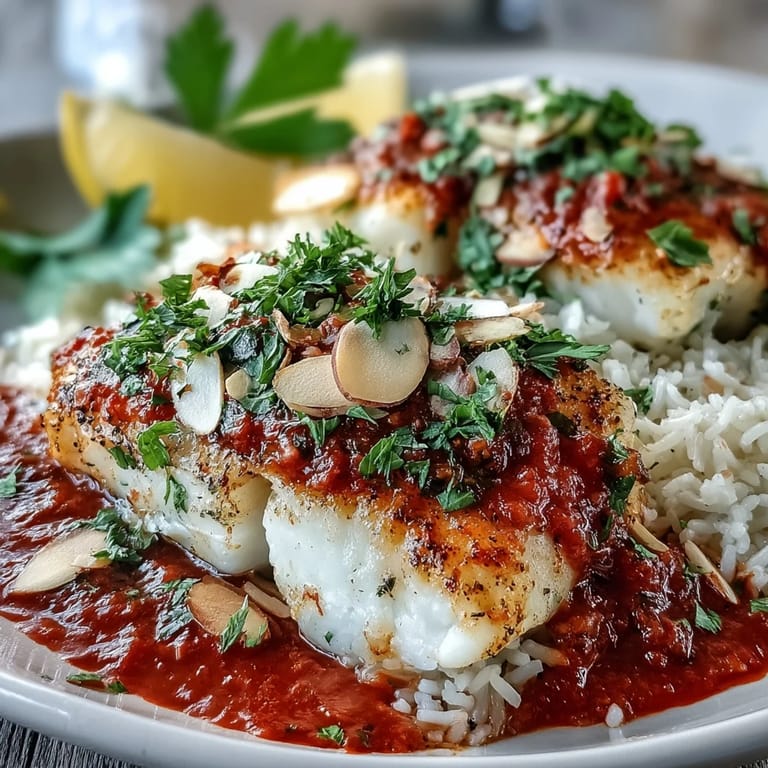 A close-up of Tomato-Roasted Cod With Spiced Almonds glistening with rich tomato sauce and golden crunchy almonds, served alongside steaming ginger rice.
