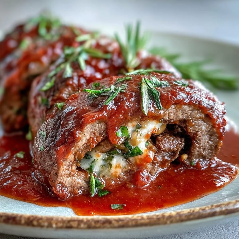 Sizzling Sicilian-Style Braciole searing in a skillet, with fresh parsley and toasted pine nuts nearby.
