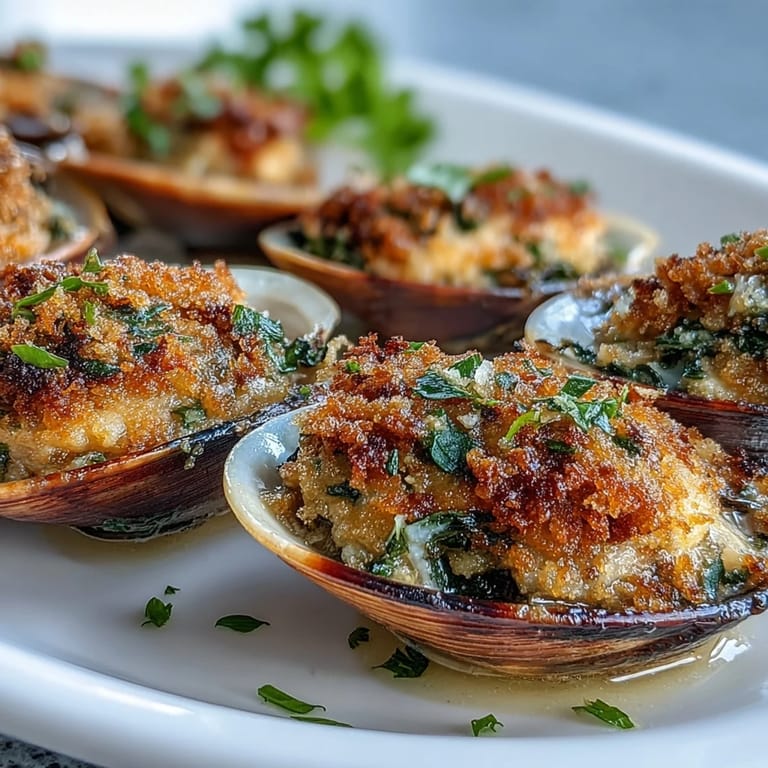 Juicy baked littleneck clams with crispy lemon-parsley breadcrumbs, ready to serve as a savory, bright seafood appetizer.