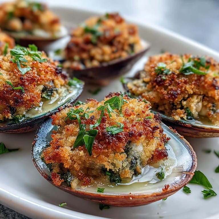 Fresh roasted clams topped with zesty lemon panko crumbs, garnished with parsley and lemon wedges for serving.