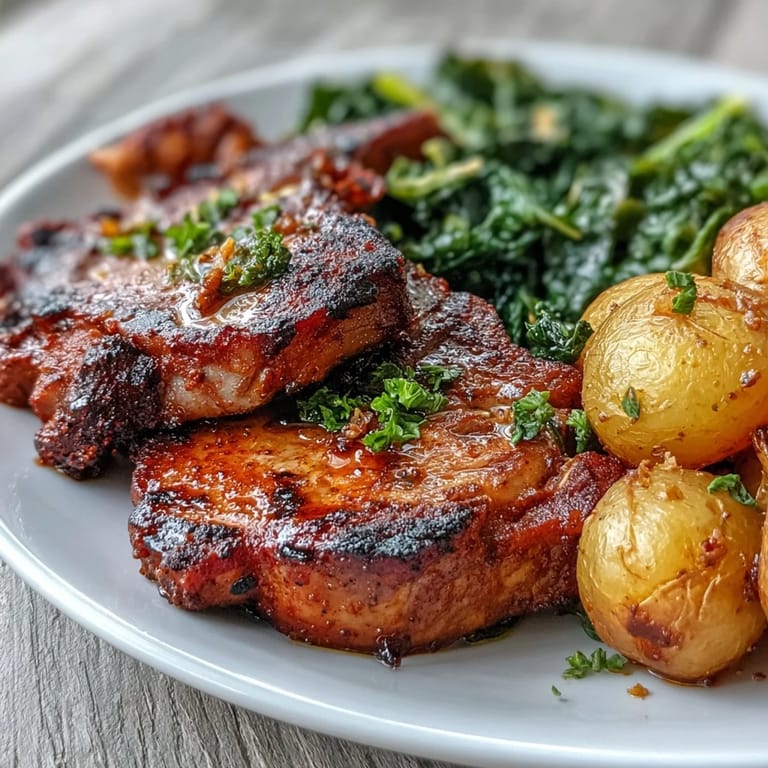 Sizzling Aleppo Pork Chops resting beside roasted potatoes and vibrant sautéed greens, ready to serve.