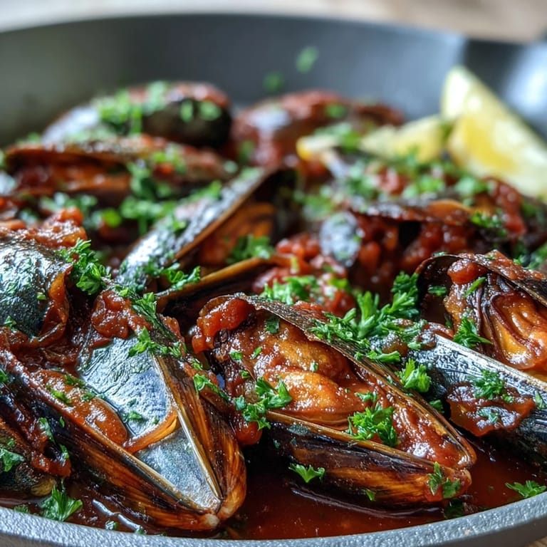 Tender mussels in Smoky Mussels Pomodoro, steamed open with smoked paprika and garlic, served alongside crusty artisan bread.