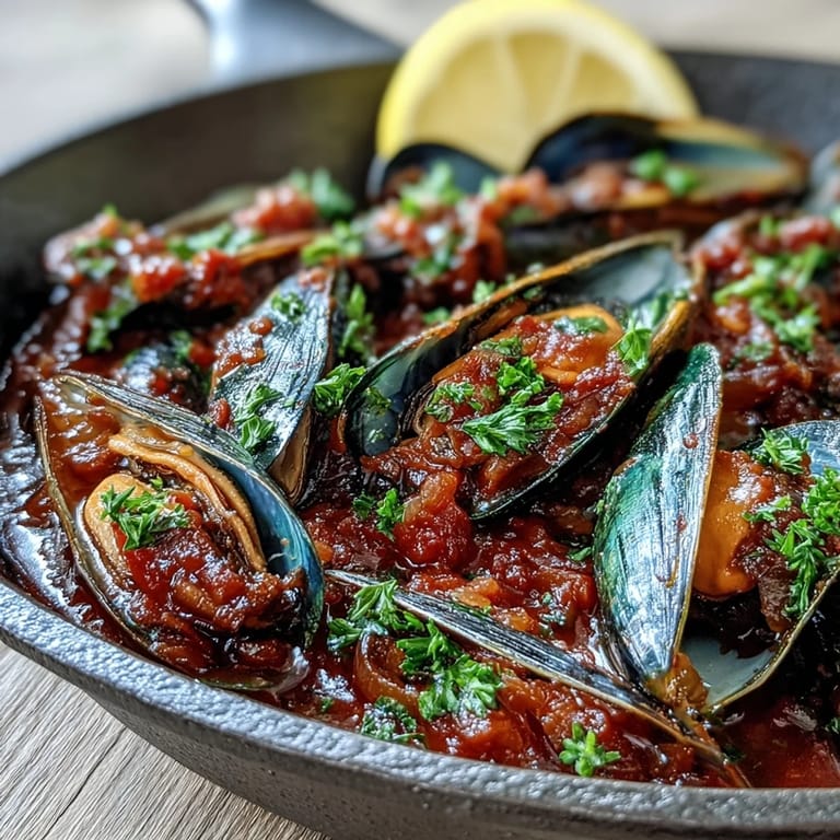 A rustic bowl of Smoky Mussels Pomodoro featuring fresh seafood, vibrant red sauce, and lemon for a bright finish.