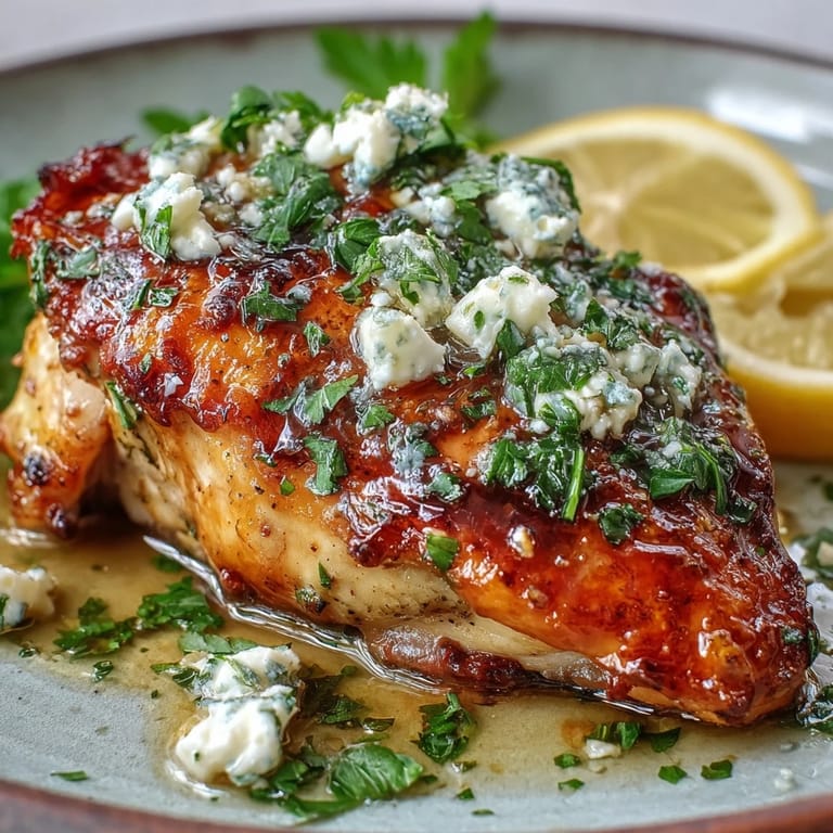 Sizzling Greek Chicken with Lemon and Feta topped with crumbled cheese and herbs, ready to serve hot.