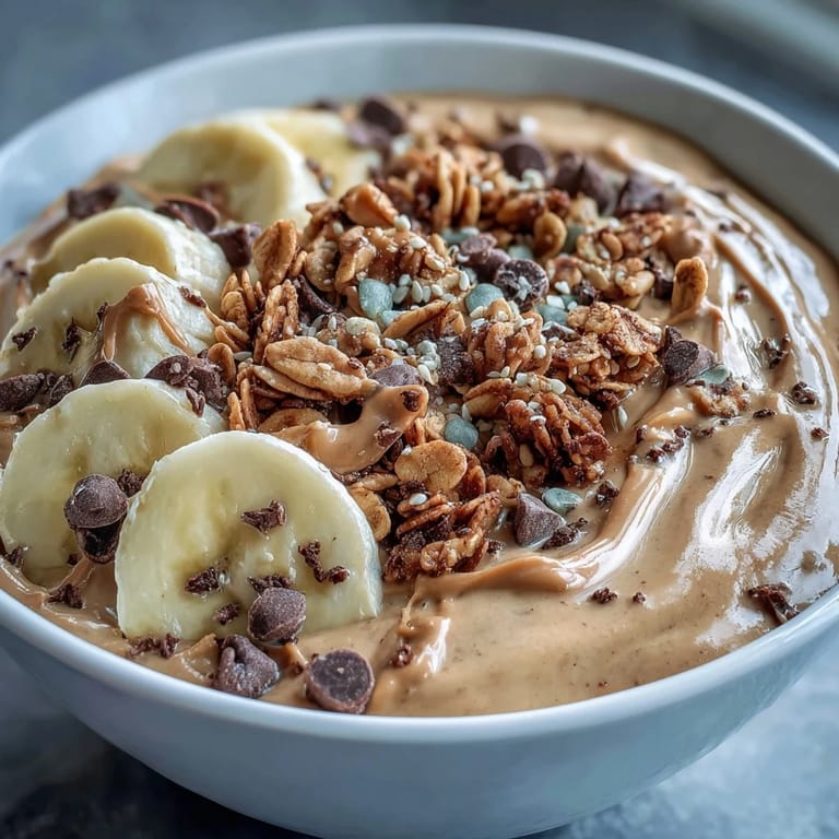 A vibrant Chunky Monkey smoothie bowl garnished with banana slices, granola, cacao nibs, and hemp seeds.