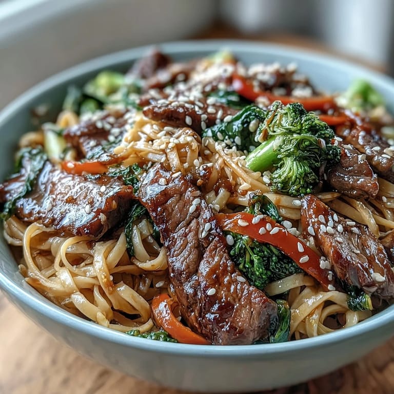 A close-up of Korean Beef Noodles shows glossy soy-brown sugar sauce clinging to silky rice noodles and colorful bell peppers.  