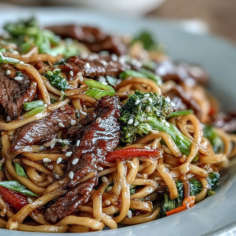 Family-style platter of Korean Beef Noodles served with chopsticks, featuring julienned carrots and sizzling beef in a fragrant skillet.