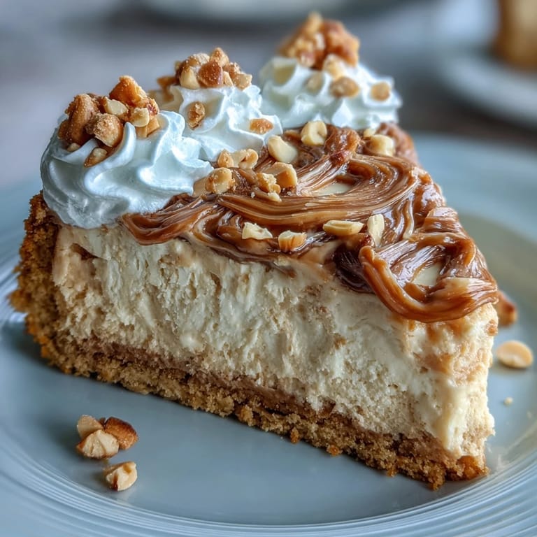Chilled Nutter Butter cheesecake topped with swirls of whipped cream and peanuts, ready to slice for dessert.