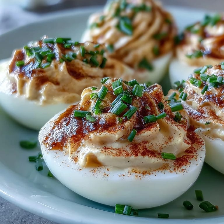 Ready to serve, Million Dollar Deviled Eggs feature tender egg whites with smooth, tangy filling, sprinkled with paprika and chives for color and flavor.