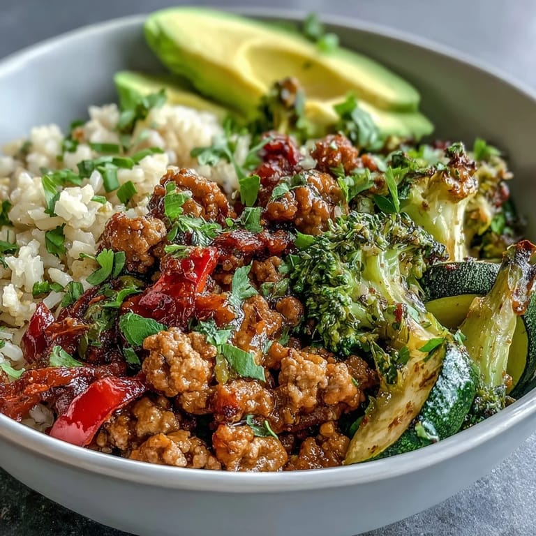 Fork-tender ground turkey and roasted vegetables in a colorful bowl topped with avocado and fresh cilantro.