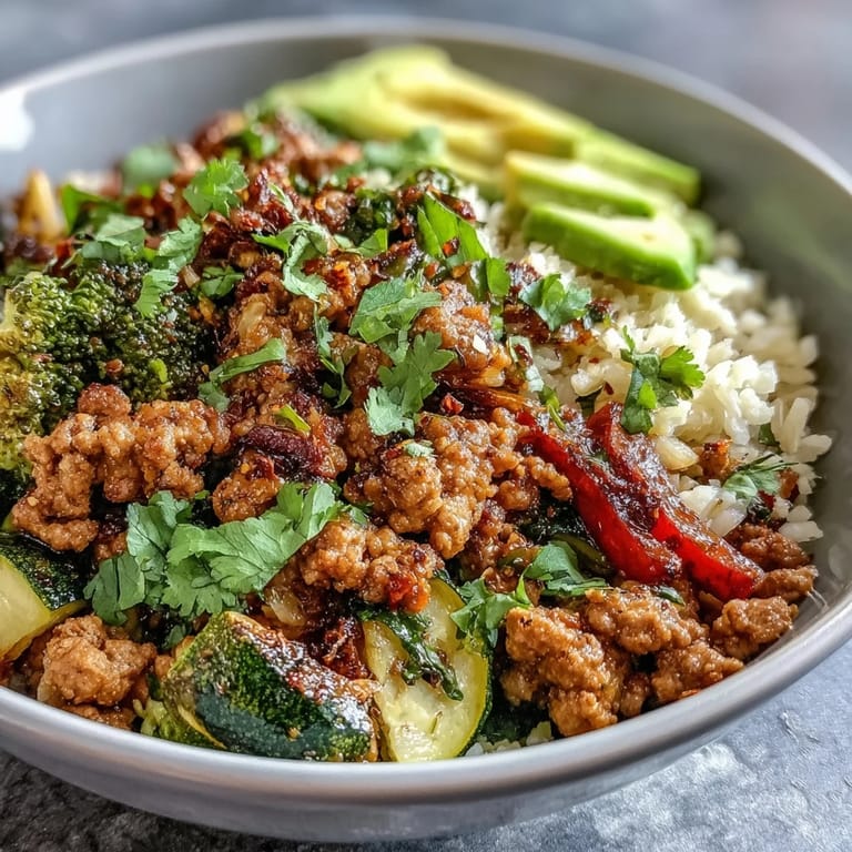Savory ground turkey bowl with quinoa, roasted broccoli, red peppers, and zucchini ready for a quick dinner.
