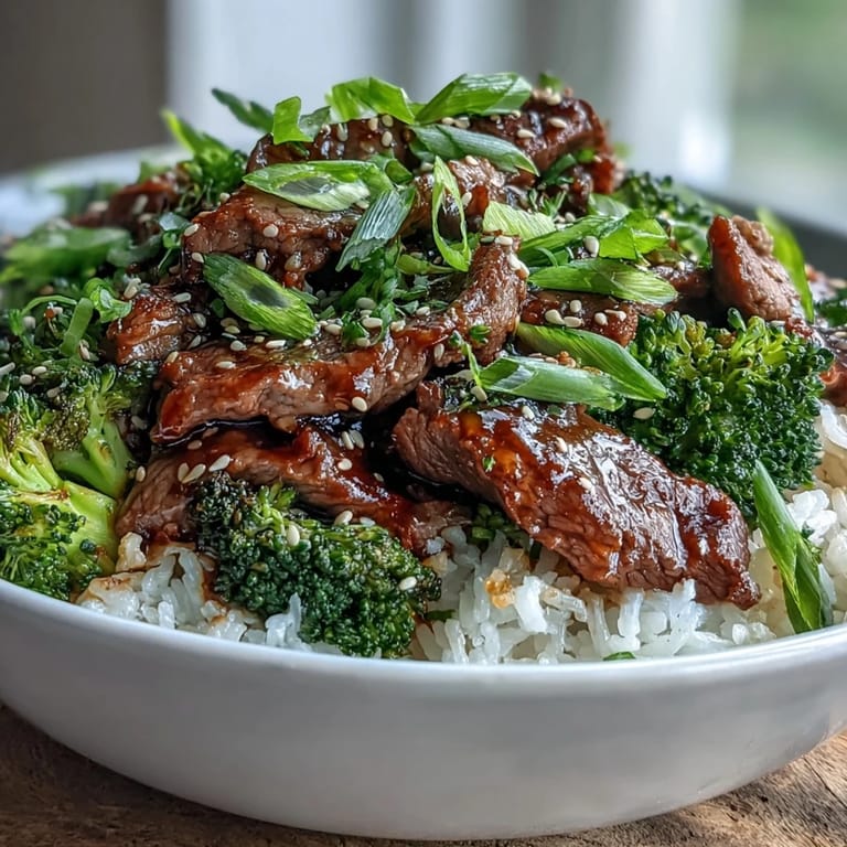 Colorful sliced green onions and toasted sesame seeds garnish the saucy Beef and Broccoli Bowl, served alongside a glass of cold green tea.