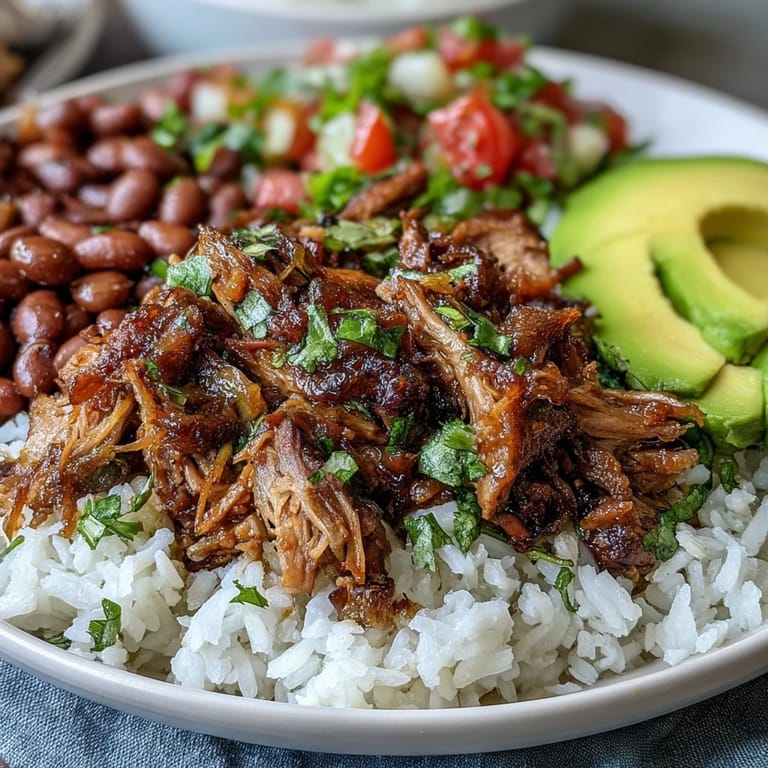 A delicious Carnitas Bowl featuring slow-cooked pork, cilantro, and lime wedges ready for a satisfying meal.