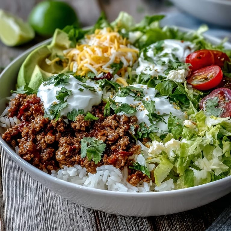 A close-up of a Turkey Taco Bowl featuring seasoned turkey, shredded lettuce, cheddar cheese, and a dollop of sour cream, ready to eat.