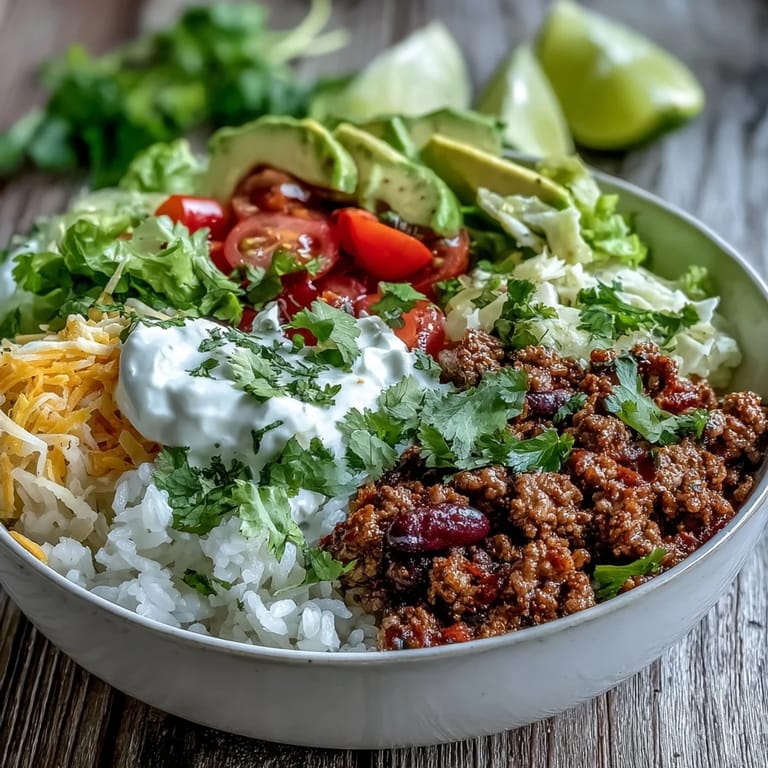 An overhead view of a vibrant Turkey Taco Bowl with lime wedges, cilantro, and salsa, making a colorful, wholesome dinner.