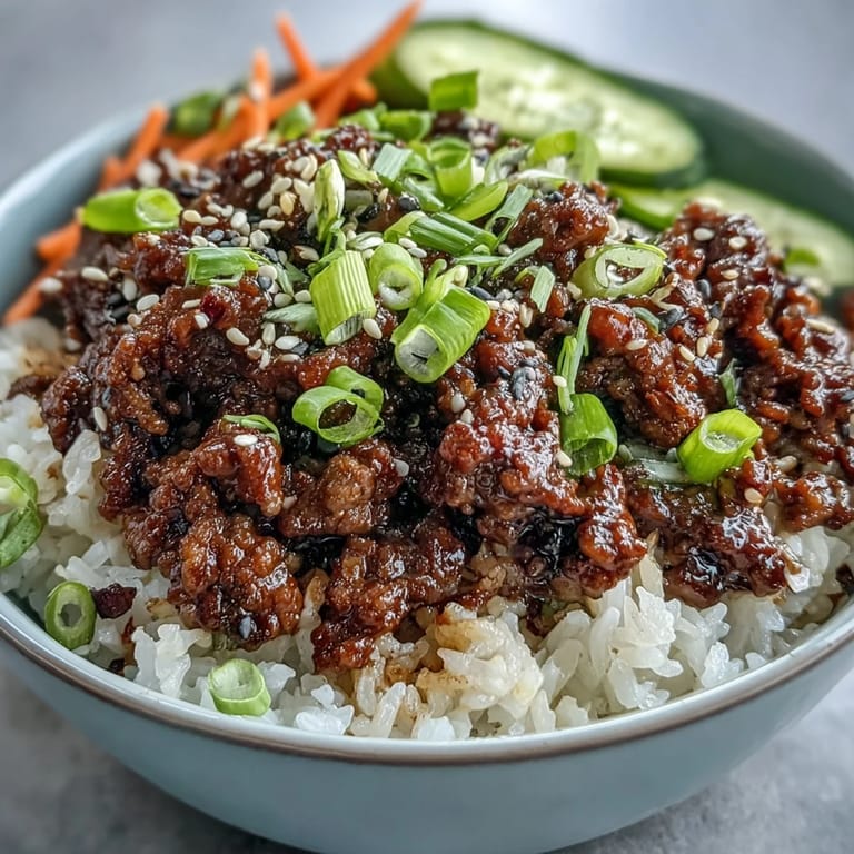 A close-up of Korean Ground Beef Bowl with toasted sesame seeds and fresh green onions.