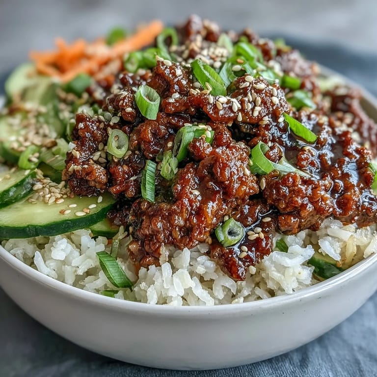 Colorful Korean Ground Beef Bowl garnished with tangy pickled vegetables served on a rustic table.