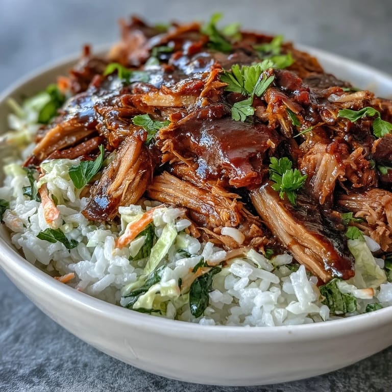 A hearty serving of Pulled Pork Bowl piled with slow-cooked pork, rice, and crunchy slaw, finished with fresh cilantro.