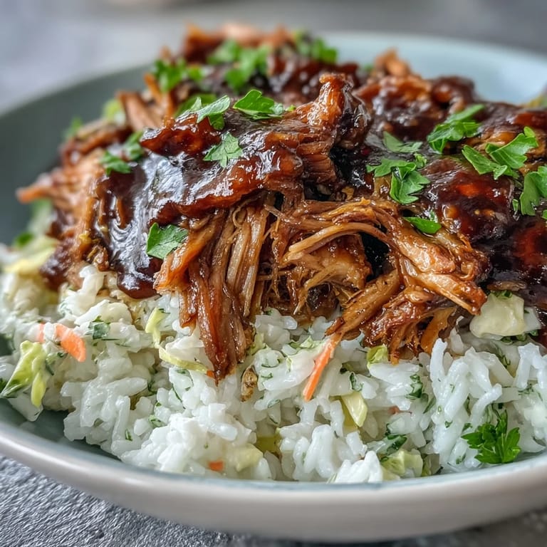 Close-up of a colorful Pulled Pork Bowl showing juicy pork, white rice, tangy slaw, and a drizzle of barbecue sauce.