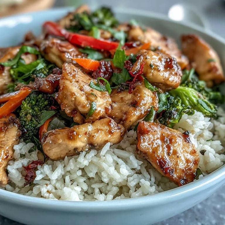 For a family-friendly Chicken and Rice Bowl, a large skillet displays a hearty mix of savory chicken, sautéed bell peppers, and rice, ready to serve for a quick weeknight dinner.