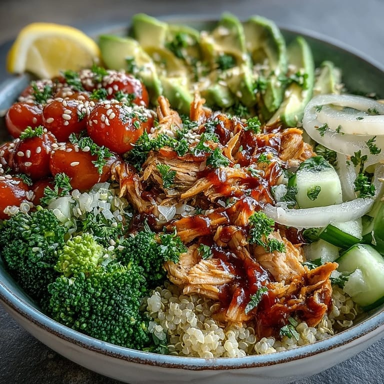 Easy Rotisserie Chicken Bowl with steamed broccoli, cilantro, and sesame seeds, served with lemon wedges for a fresh finish.