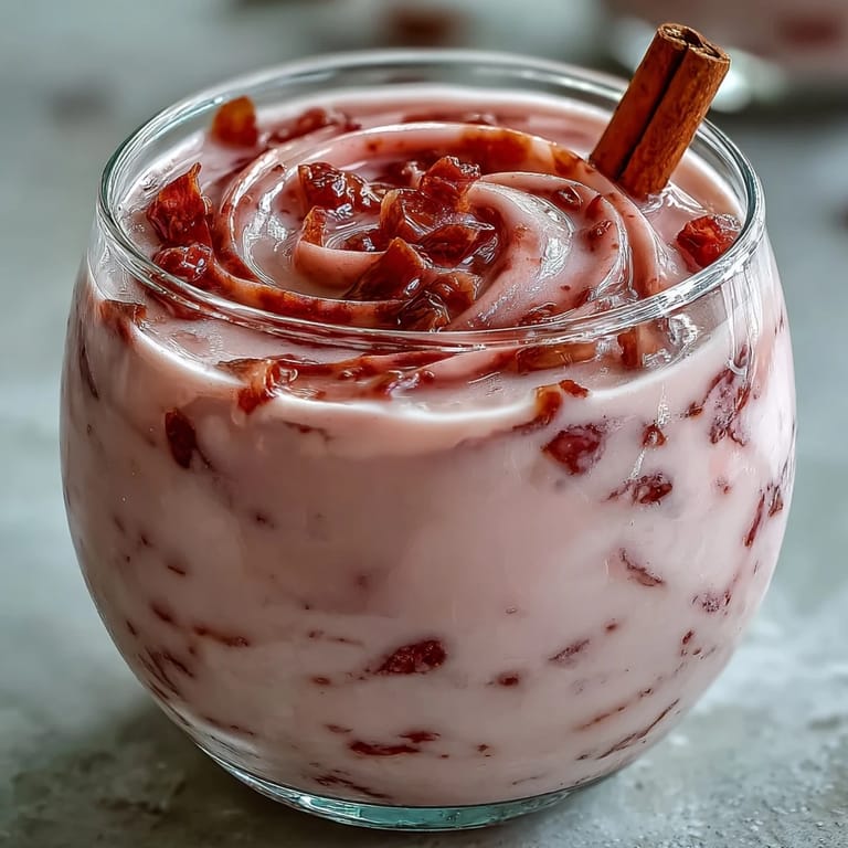 Frosted glass bottle of chilled Guava Coquito with tropical coconut and guava marmalade, perfect for Christmas gatherings.
