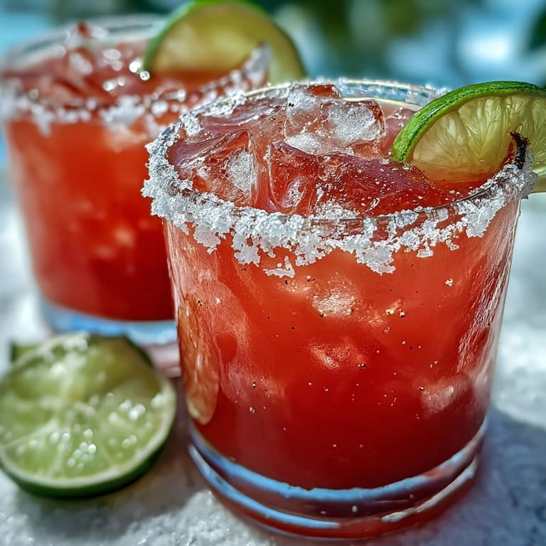 Overhead view of a Guava Margarita on a summer patio table, with a pitcher of the tropical cocktail nearby.