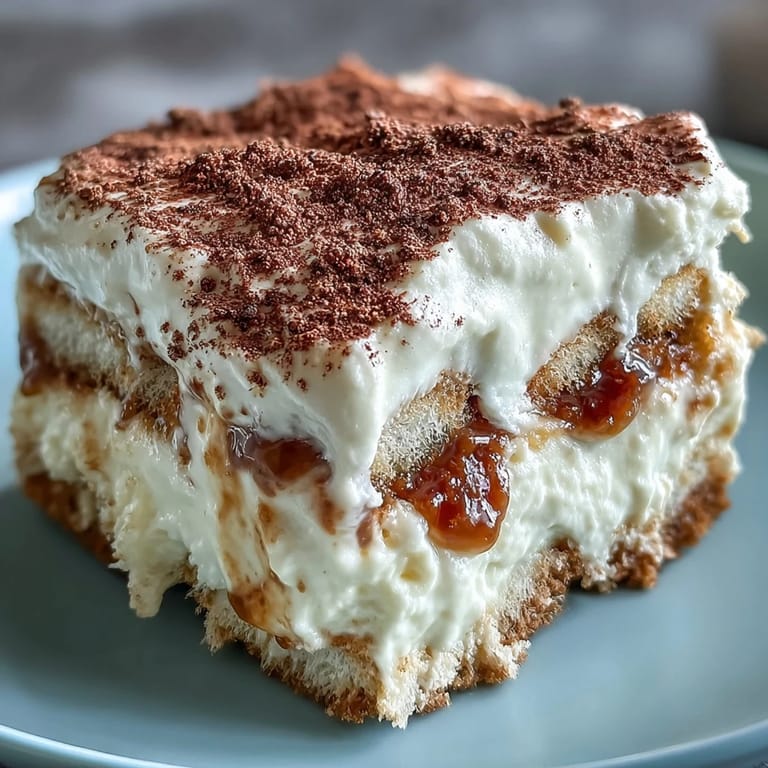 Close-up slice of creamy Hojicha Tiramisu revealing rich, coffee-like swirls and soft, tea-infused biscuit layers.