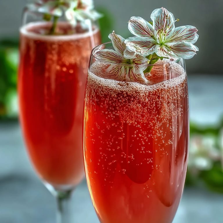 Close-up of Elderflower Guava Mimosa garnished with edible flowers, ready to serve alongside tropical brunch platters.