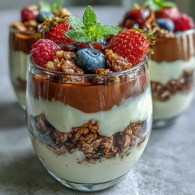 Creamy Hojicha Panna Cotta Parfait topped with fresh raspberries and crunchy oat granola.