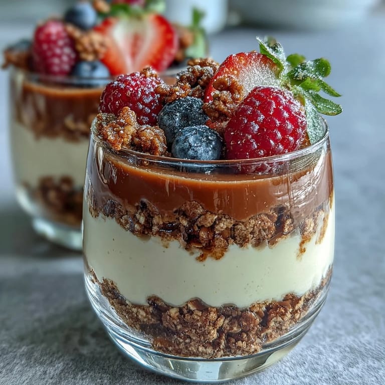 Fork ready, Japanese-fusion Hojicha Panna Cotta Parfait featuring roasted tea panna cotta, berries, and granola.