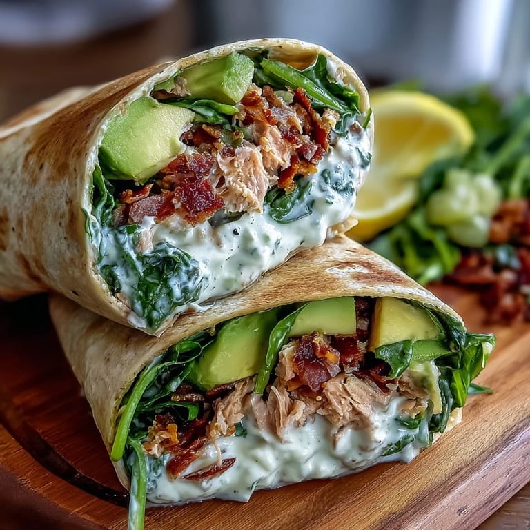 Creamy avocado tuna salad with spinach rolled in a tortilla, a nutritious and easy 5-ingredient wrap for on-the-go eating.