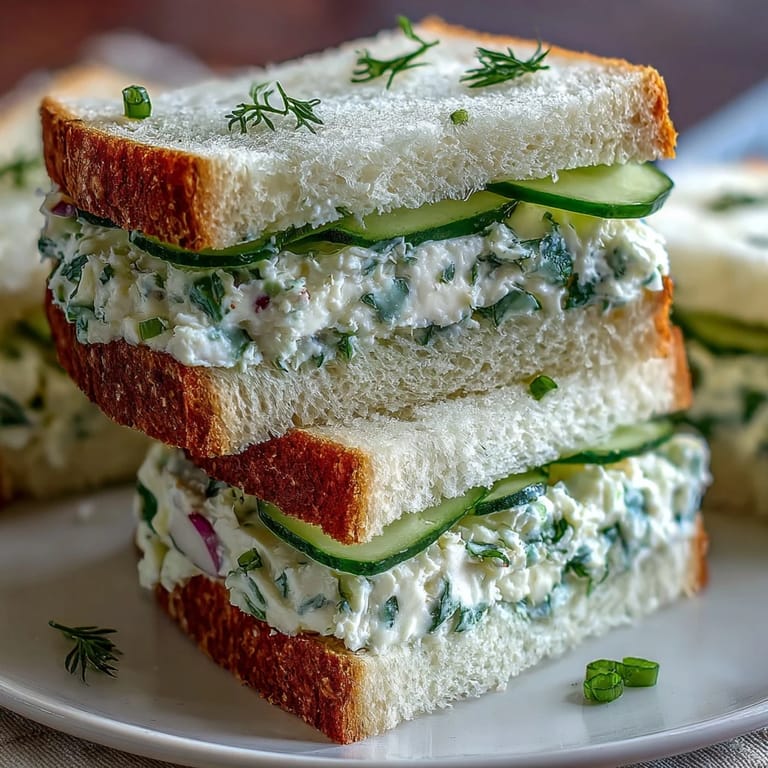 Elegant finger sandwiches filled with tangy lemon butter, crisp cucumber slices, and chives for a refreshing Mothers Day treat.