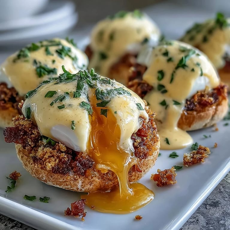 Rich and buttery hollandaise drizzled over poached eggs and Canadian bacon, served on English muffins for a timeless breakfast favorite.