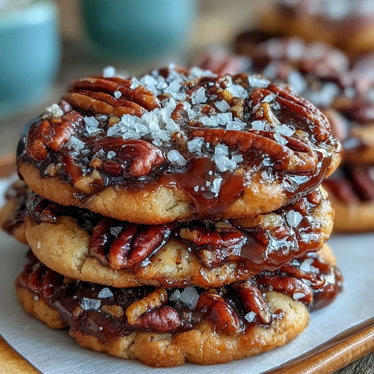 Close-up of butter pecan cookies with brown butter and sea salt, flaky crystals glistening atop chewy, nutty centers, fresh from the oven.