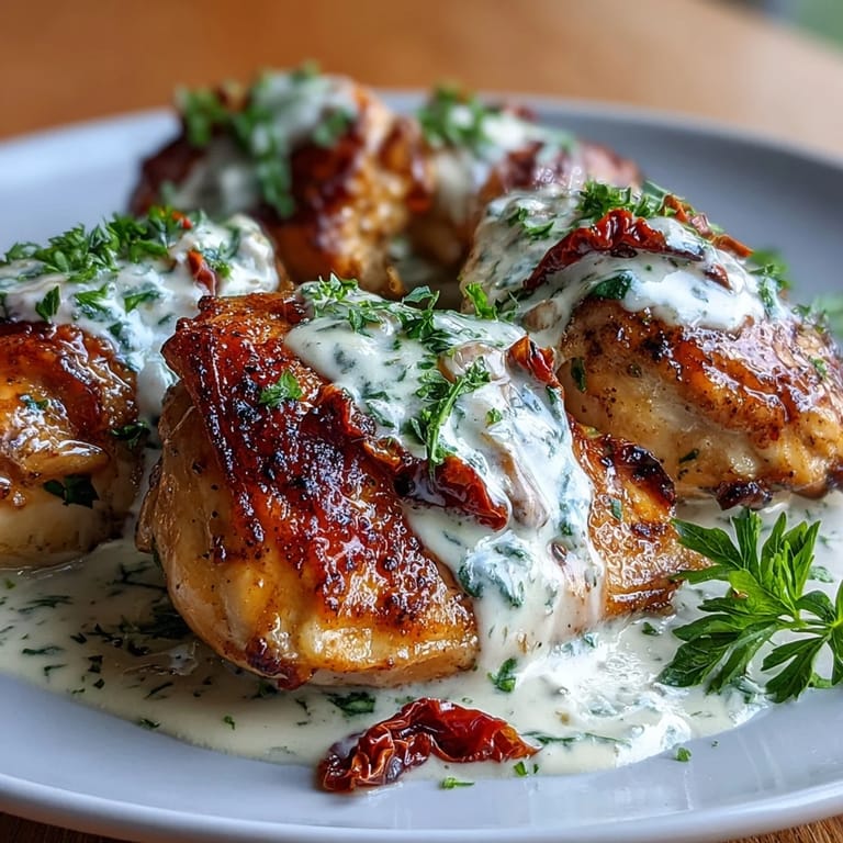 A close-up of tender chicken breasts smothered in a velvety cream sauce, packed with sun-dried tomatoes and Italian herbs.