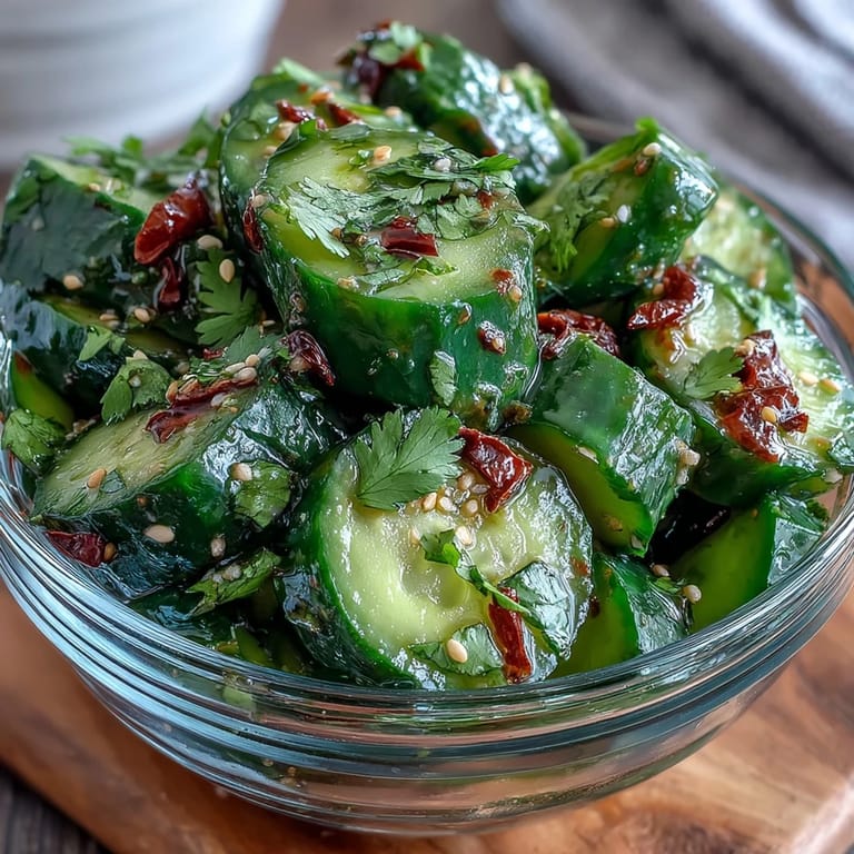 Fresh smashed cucumber salad tossed in tangy dressing, topped with toasted sesame seeds.