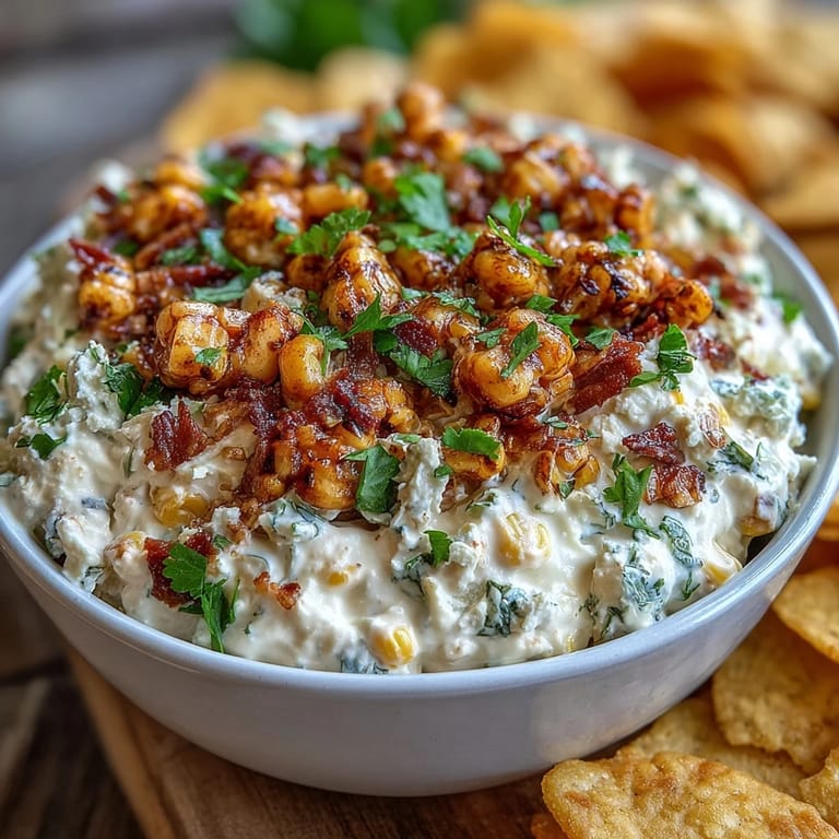 Mexican elote dip featuring smoky paprika, jalapeño, and tangy lime, perfect for scooping with crunchy tortilla chips.