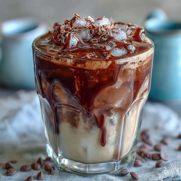 Two glasses filled with ice and cold brew coffee, crowned with a luscious layer of chocolate-infused cream and a chocolate drizzle.