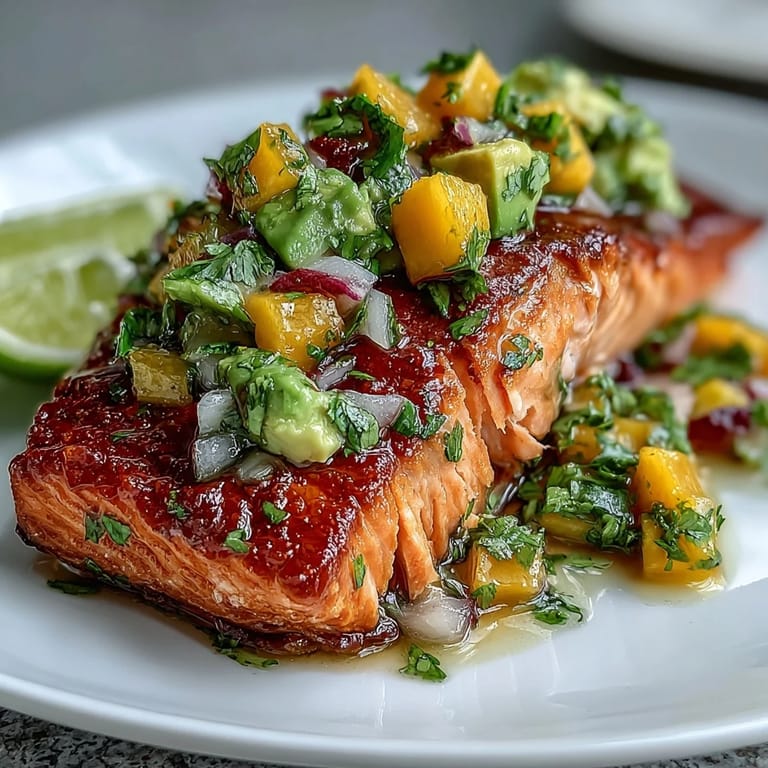 Juicy baked salmon paired with colorful mango avocado salsa, a bright and nutritious seafood dish.