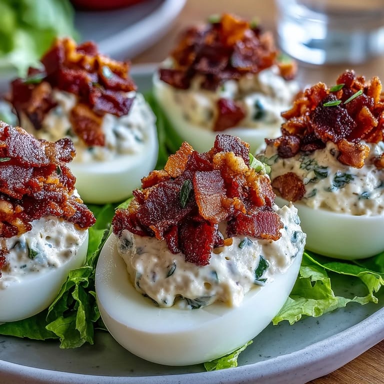 Tangy BLT deviled eggs with smoky bacon, diced tomatoes, and shredded romaine for a classic sandwich-inspired appetizer.