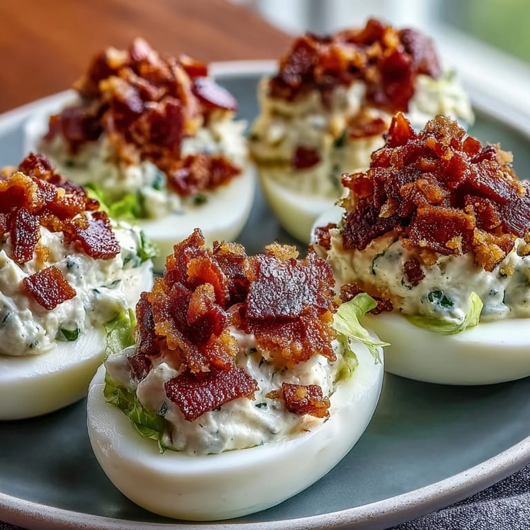 Deviled eggs filled with rich yolk mixture, garnished with bacon bits, fresh lettuce, and vibrant red tomatoes.