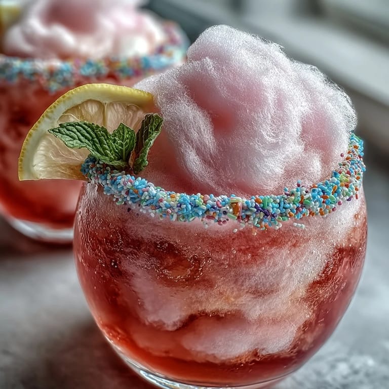 Whimsical Cotton Candy Lemonade Float featuring bright pink cotton candy dissolving in chilled lemonade.